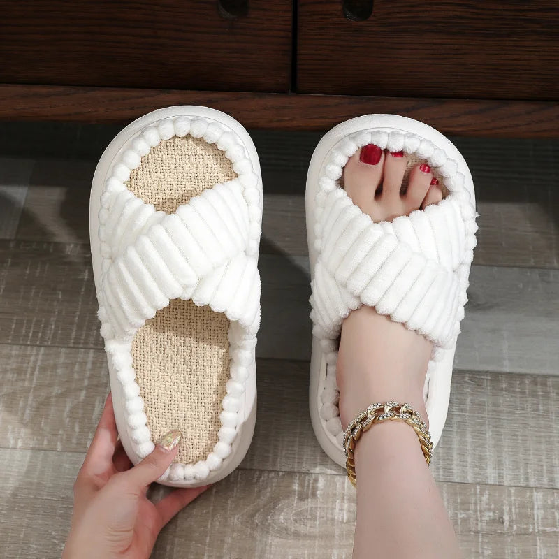 2023 Autumn Winter New Women Home Slippers Open-Toe Cross Band Linen Soled Indoor Slides Linen Soled Non-Slip Bathroom Slippers