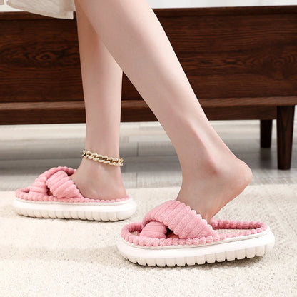 2023 Autumn Winter New Women Home Slippers Open-Toe Cross Band Linen Soled Indoor Slides Linen Soled Non-Slip Bathroom Slippers